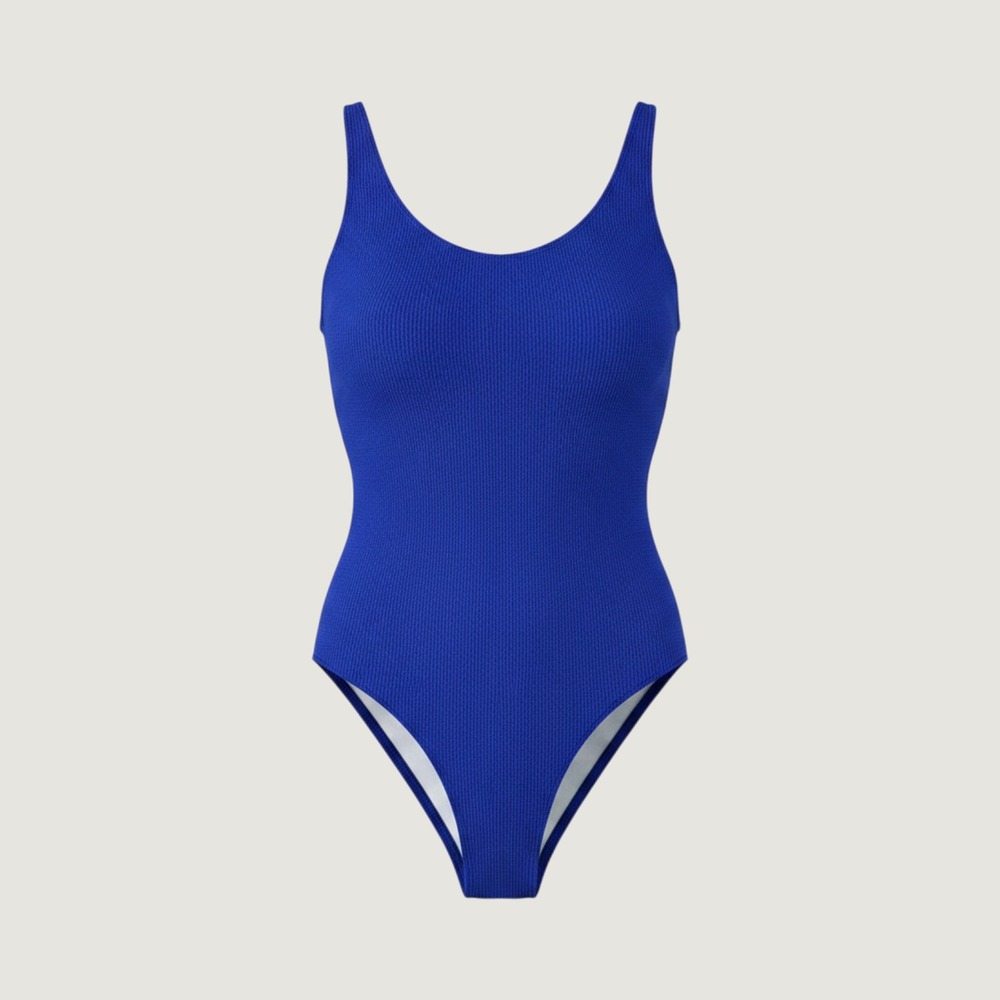 DIXPERFECT Ribbed One Piece Swimsuit Women M Blue High Cut Scoop Neck Retro